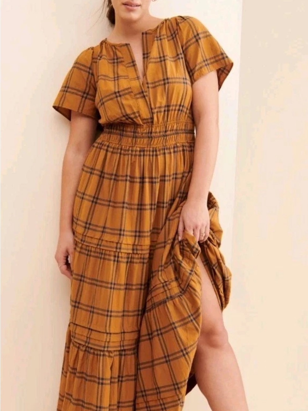 Maeve Mustard Plaid Short-Sleeve Smocked-Waist Dress
